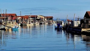 Un puerto deportivo con barcos amarrados, edificios con tejados rojos y agua tranquila que refleja las construcciones.