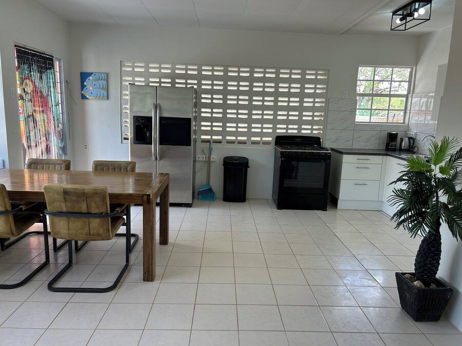 A modern kitchen with a dining area, featuring a stainless steel refrigerator, a black stove, and a potted plant.