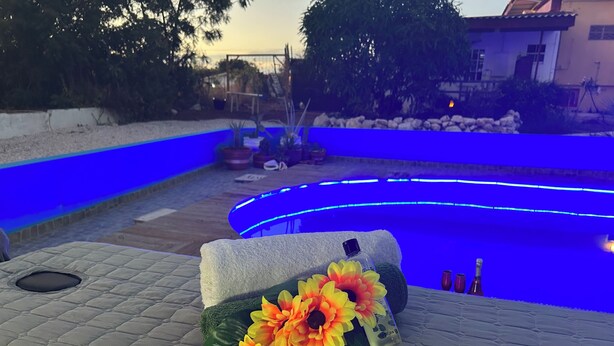 Zona de piscina con borde iluminado en azul, un banco acolchado y flores decorativas.
