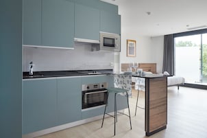 Basic Studio, City View | Private kitchen | Full-size fridge, microwave, oven, stovetop