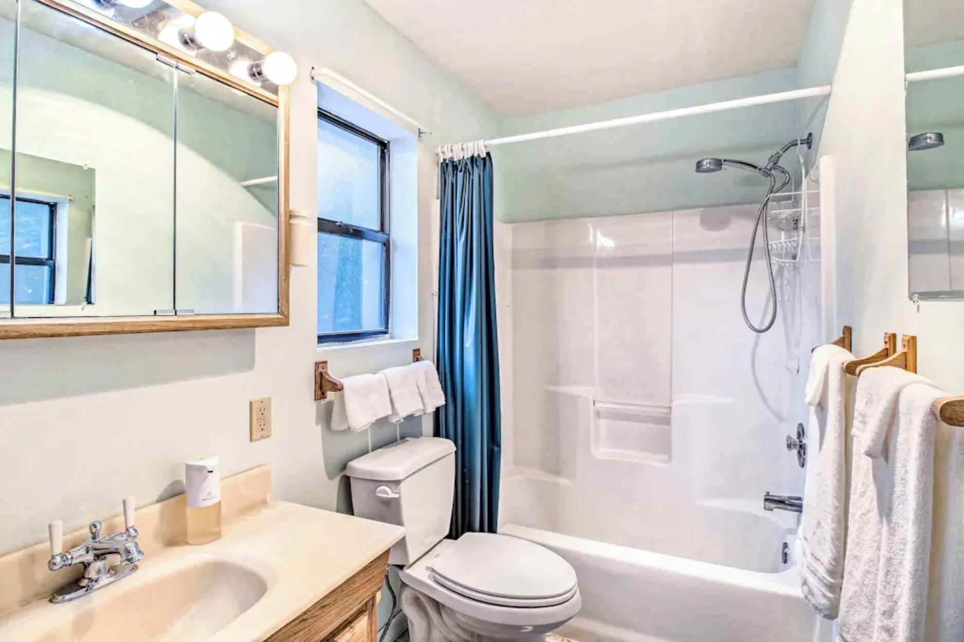 Une salle de bain équipée de toilettes, d’un lavabo, d’un miroir et d’une douche.