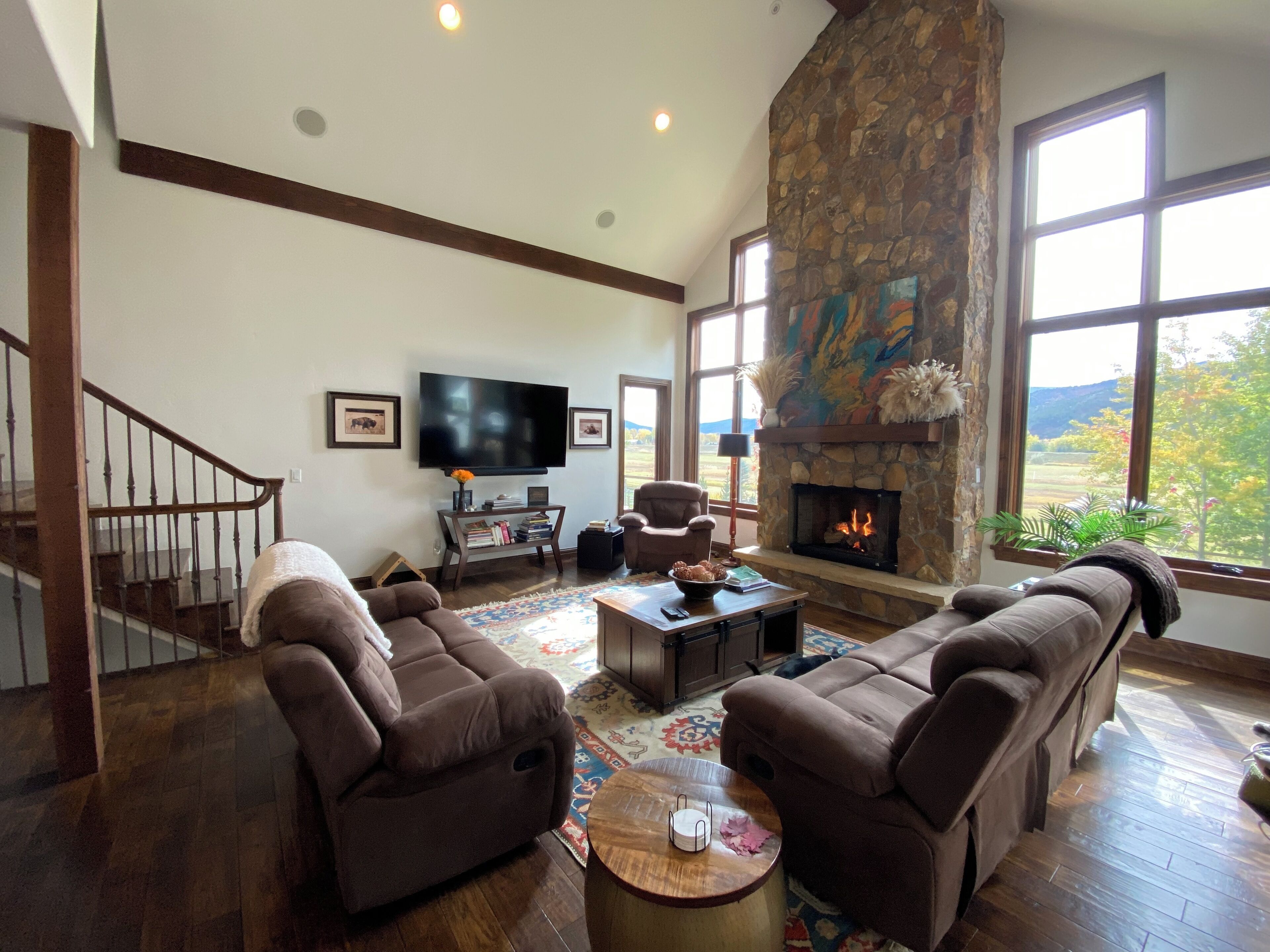 Smart TV, fireplace, books, printers