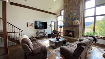 Smart TV, fireplace, books, printers