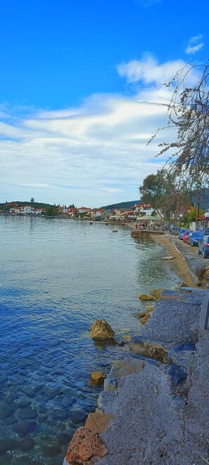 A waterfront view with clear water, rocky shore, and buildings along the edge.