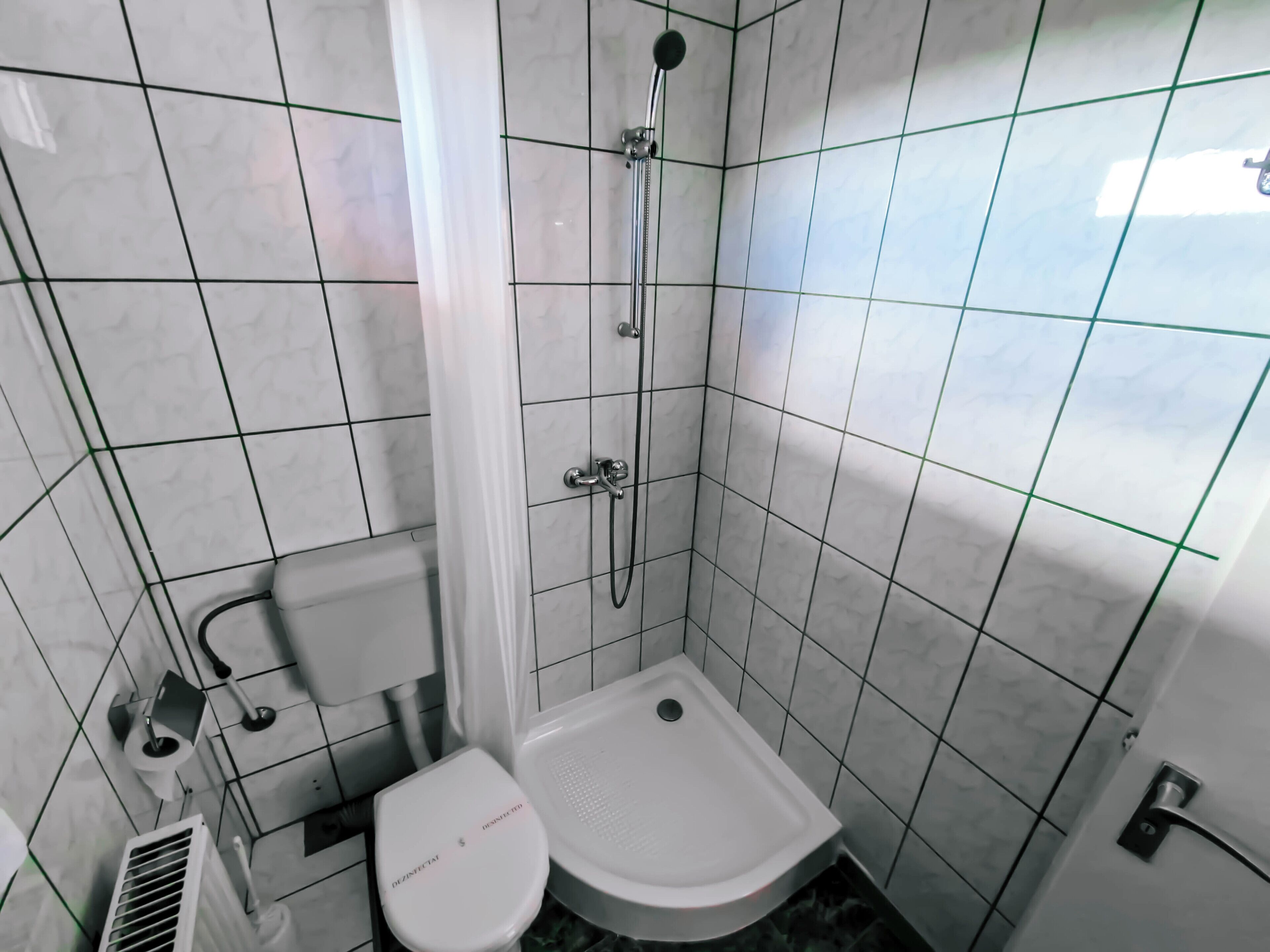 A small, modern bathroom with a shower, toilet, and sink.
