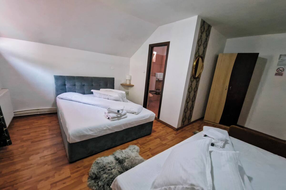 Une chambre d’hôtel avec deux lits, un tapis moelleux, un miroir et une porte donnant sur une salle de bain.