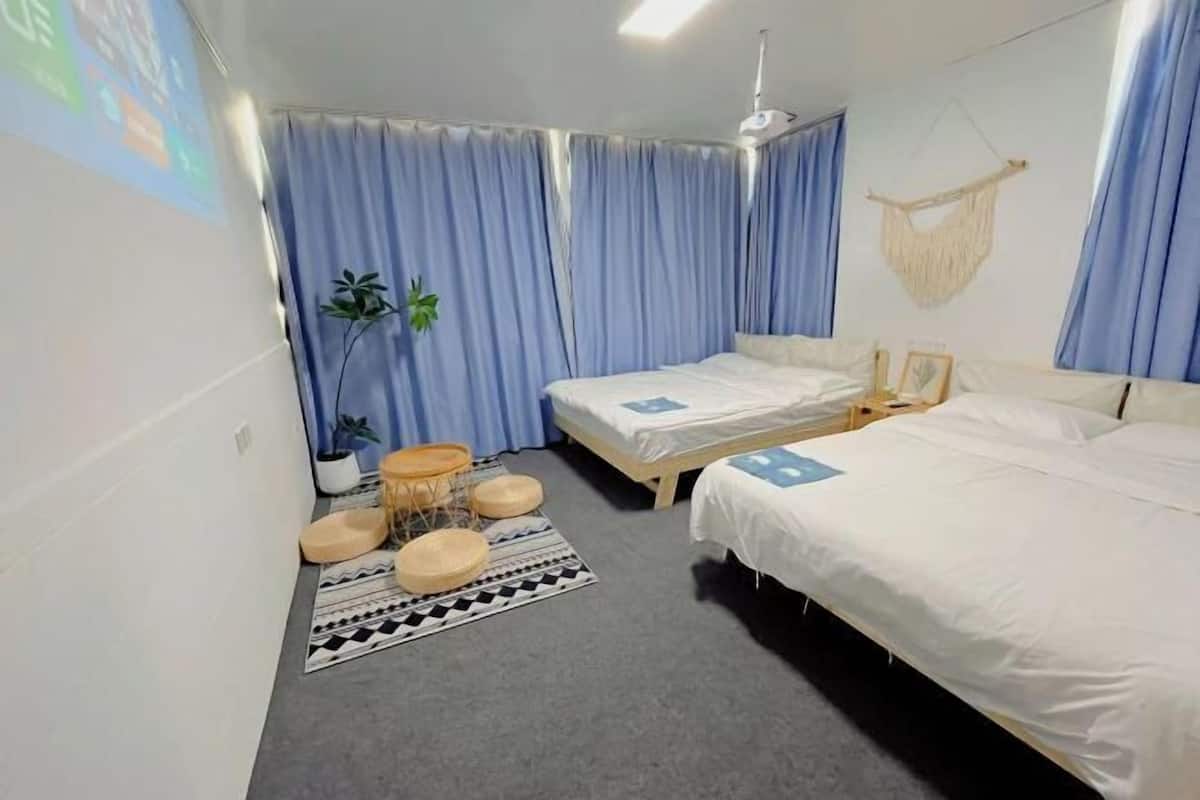 A room with two beds, a ceiling fan, a projector screen, a plant, and a patterned rug.