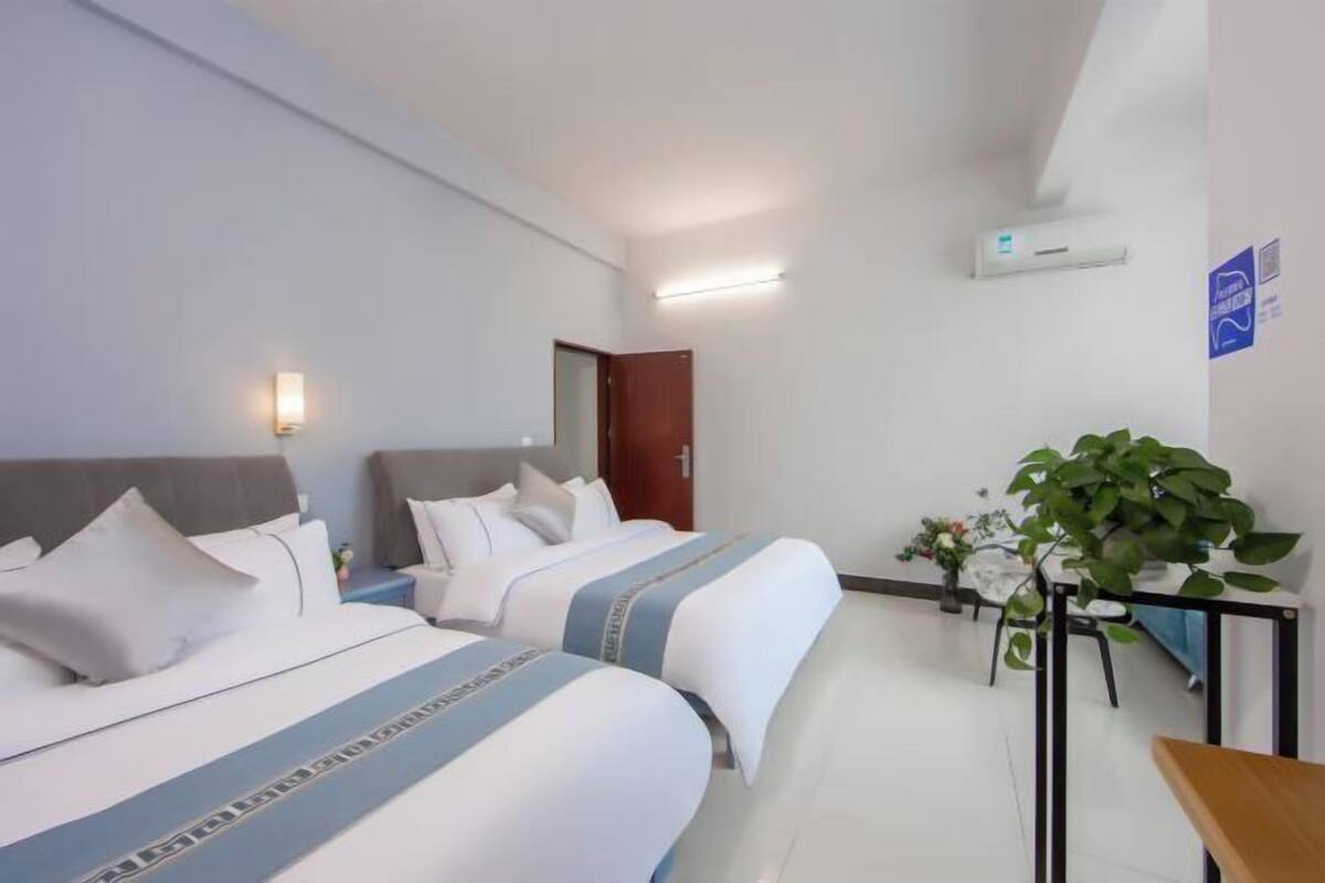 A hotel room with two beds, a desk, a chair, a potted plant, and an air conditioning unit.