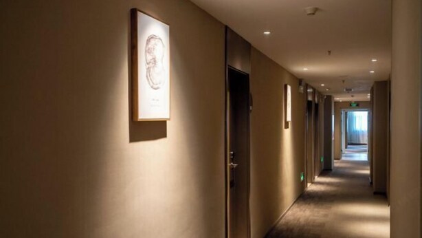 En hotelgang med et indrammet kunstværk på væggen, en dør til højre og en lang korridor, der fører til et lyst område i enden.