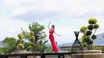 A person in a red dress on a balcony with potted plants and a view of the landscape.