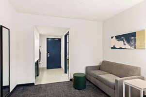 Desk, blackout drapes, soundproofing, iron/ironing board