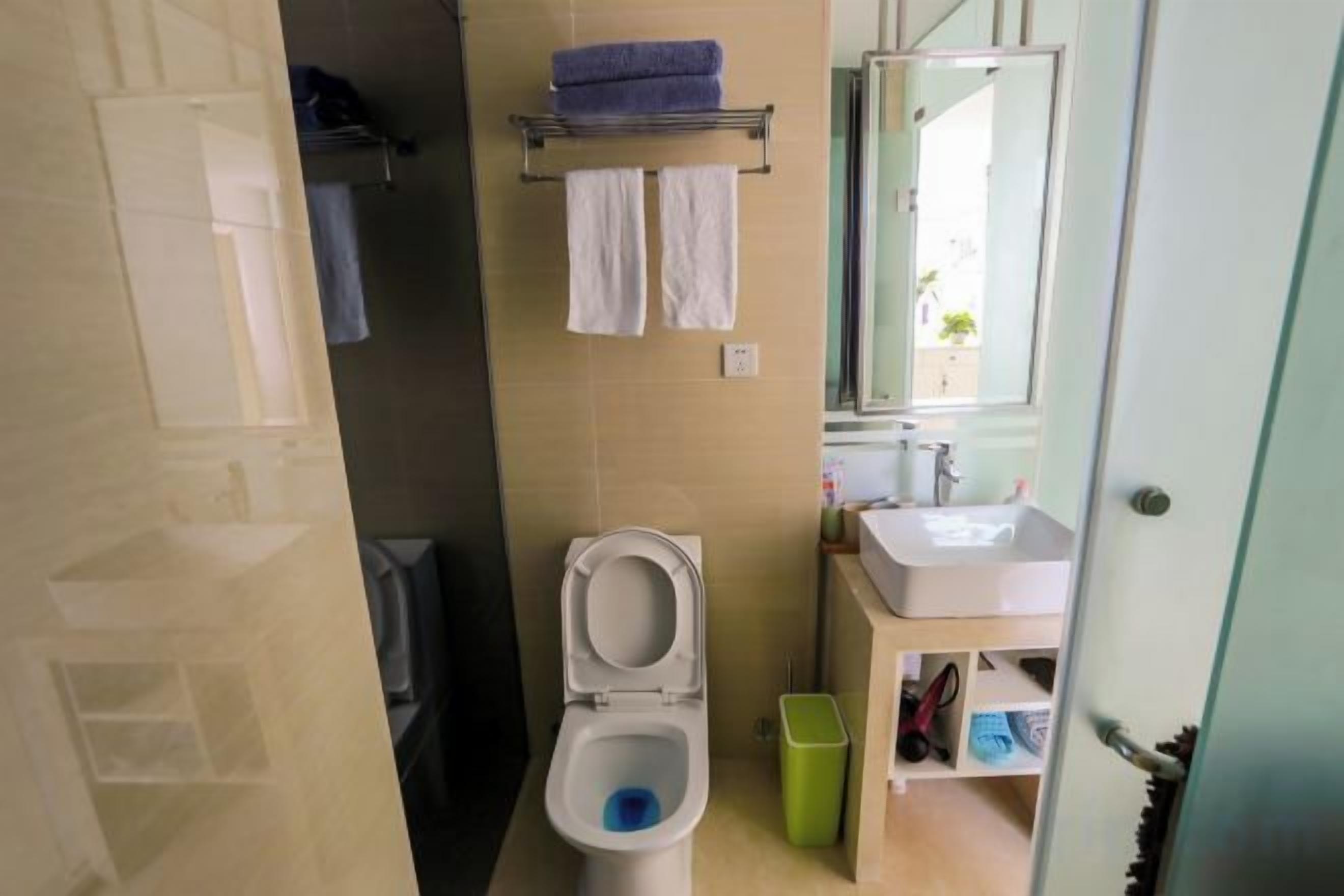 Un baño con inodoro, lavabo y espejo. Hay toallas colgadas en un perchero y un cesto de basura.