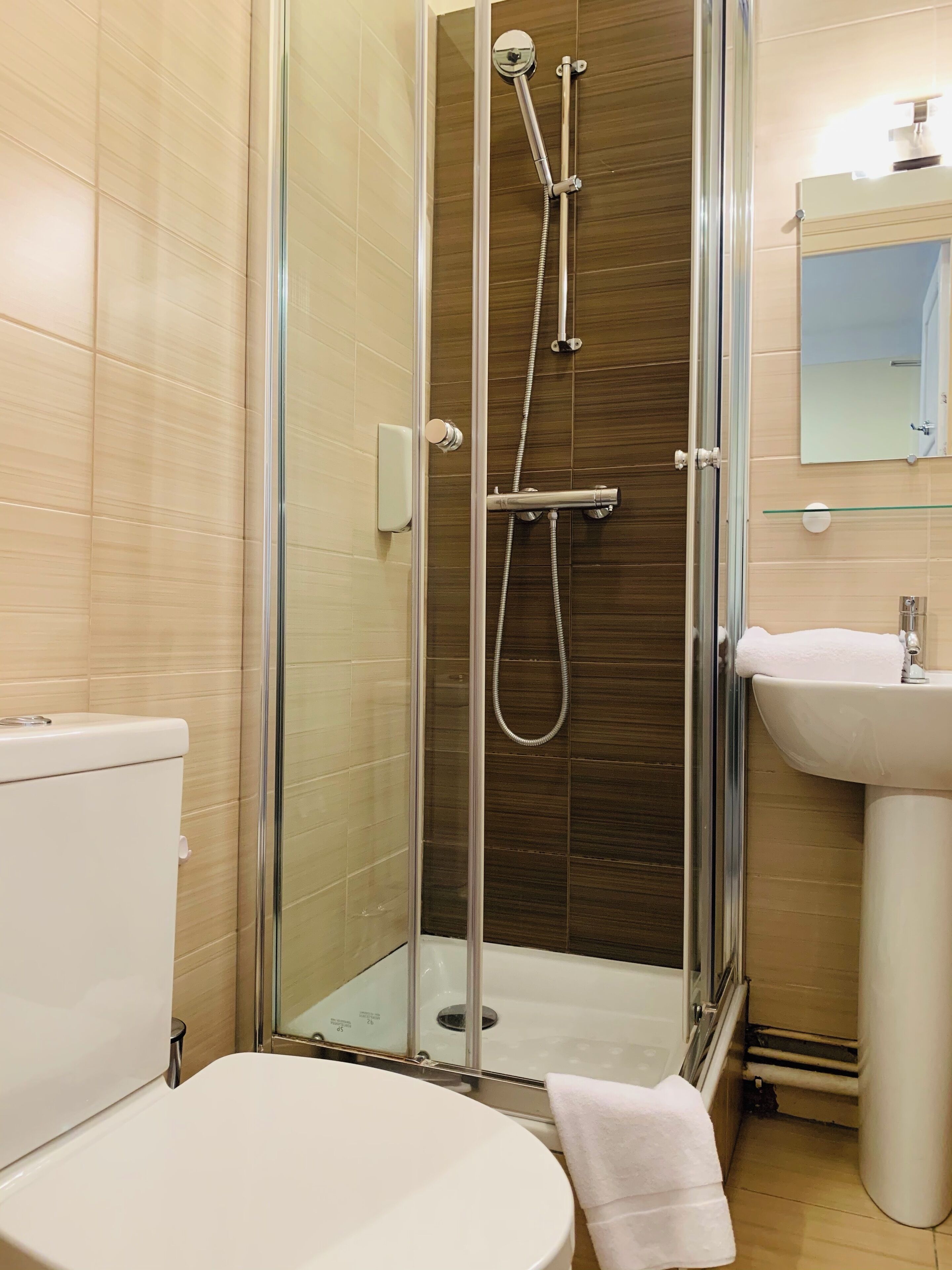 Een moderne badkamer met een douche met glazen wand, een wit toilet en een wastafel met een spiegel erboven.