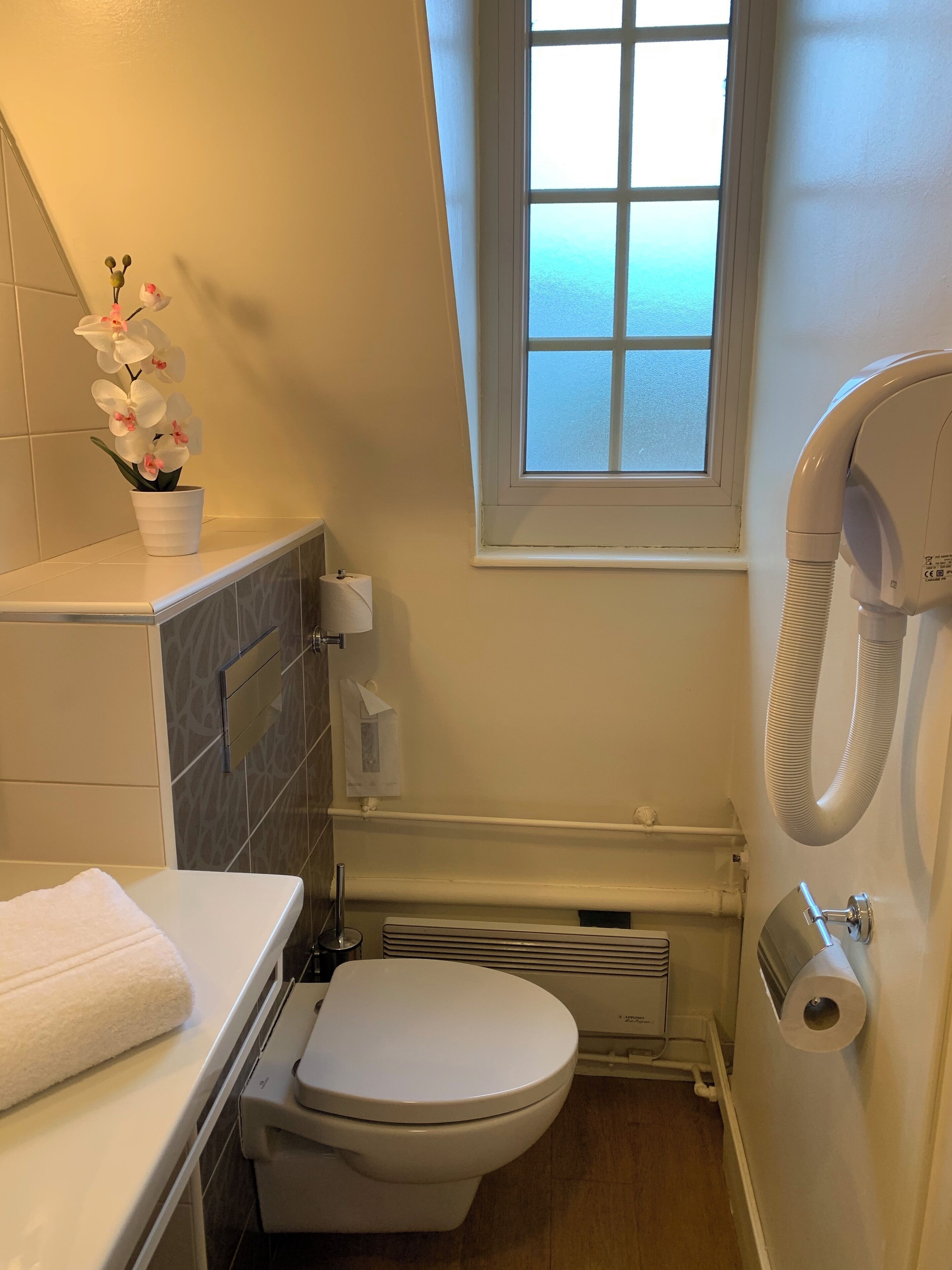 A small, modern bathroom with a white toilet, a towel on the counter, a window with a view, and a white heater.