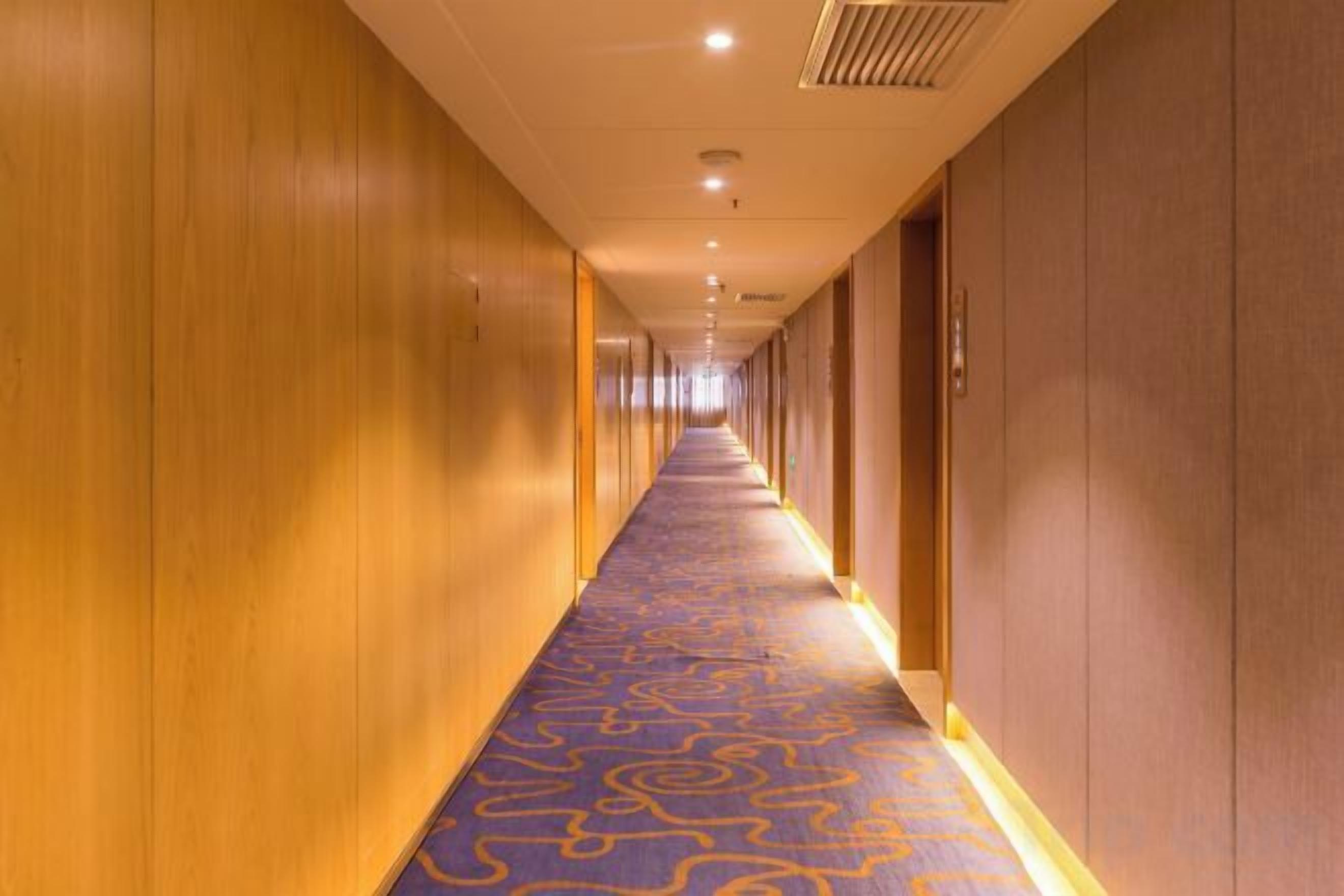 Un largo pasillo con paredes de madera y una alfombra estampada.