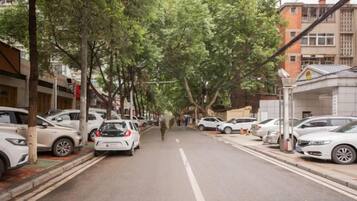 Una calle arbolada con coches aparcados y edificios a ambos lados.