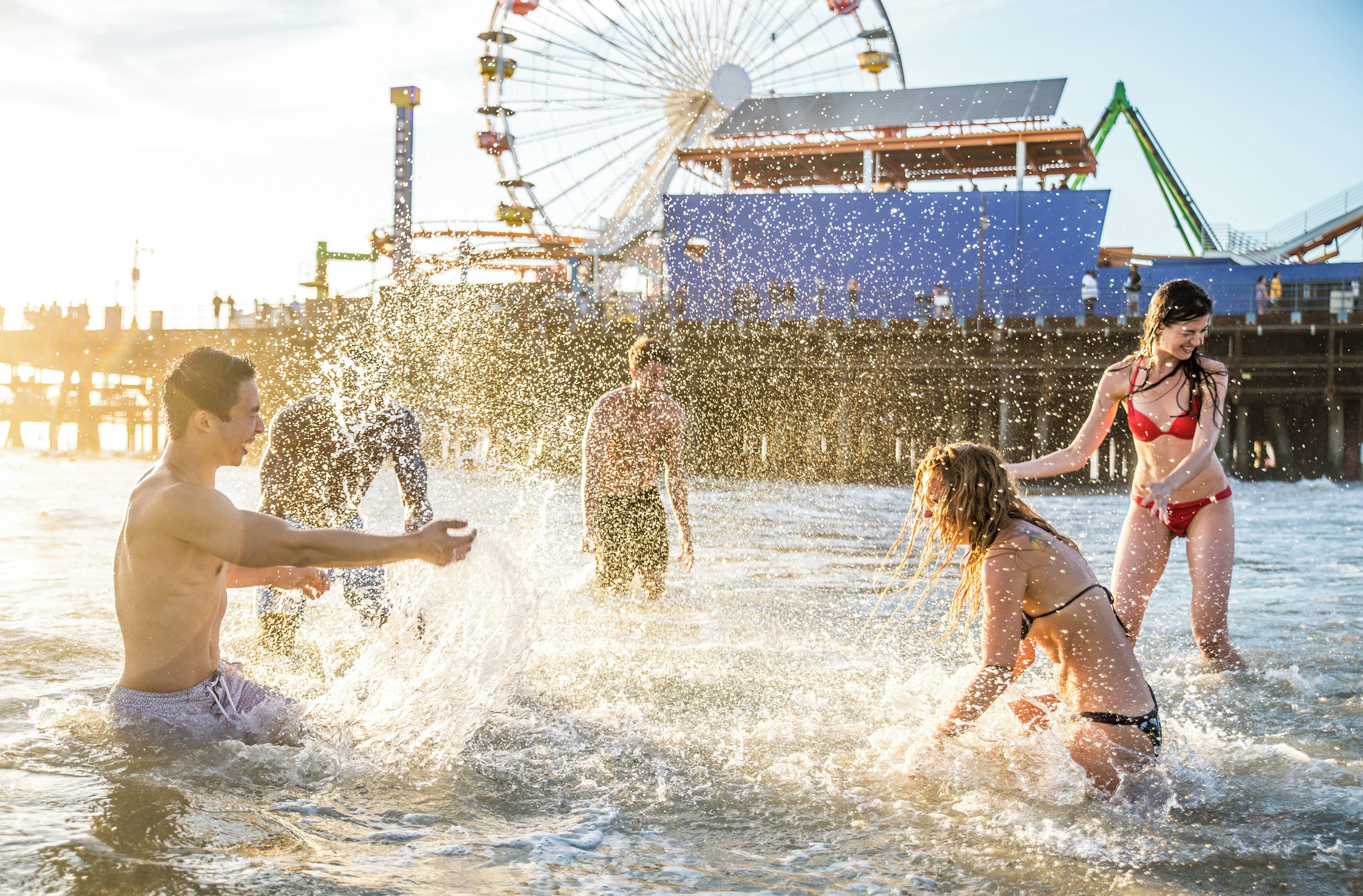 A water park with a Ferris wheel and a pier in the background.