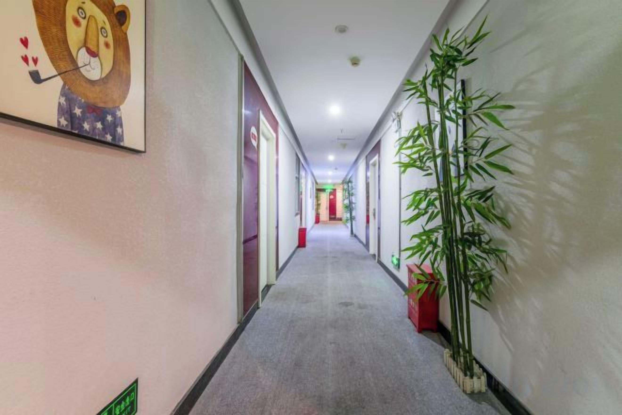 Un pasillo con piso alfombrado, un cuadro enmarcado a la izquierda y plantas en macetas a la derecha.
