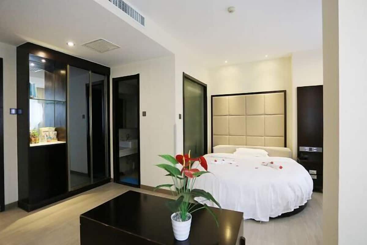 A modern hotel room with a bed, a bedside table, a potted plant, and a sliding door closet.