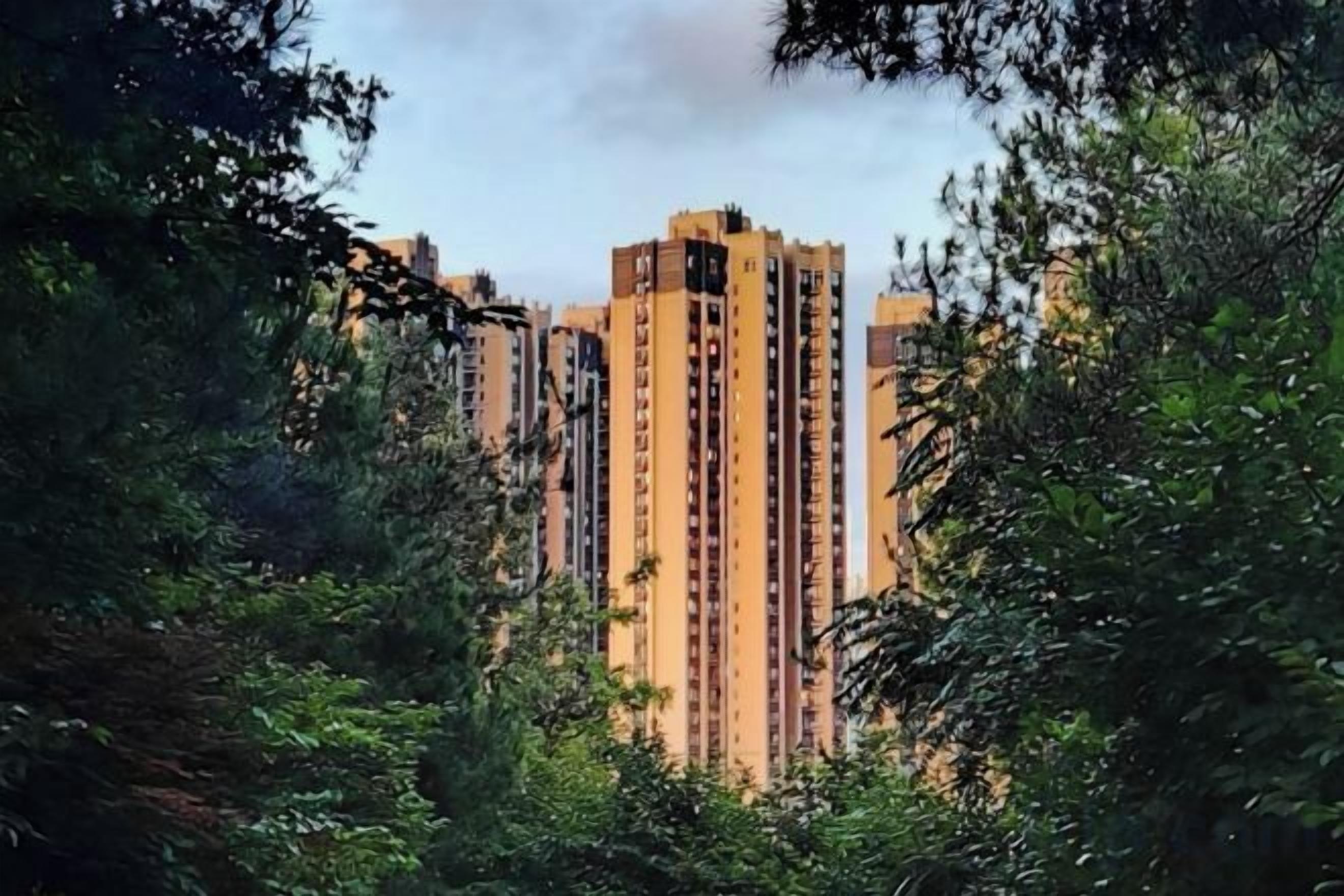 Un edificio alto rodeado de vegetación densa.