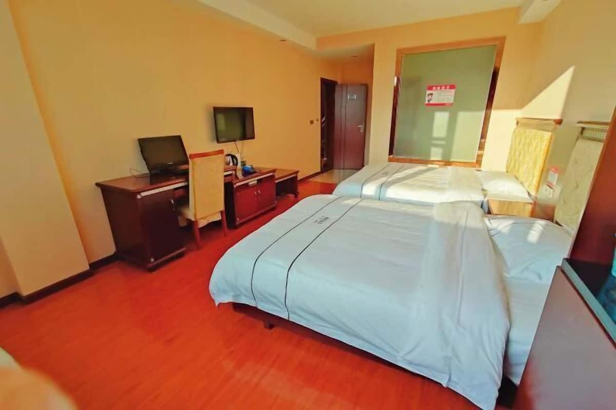 A hotel room with two beds, a desk with a computer, a television, and a wardrobe.