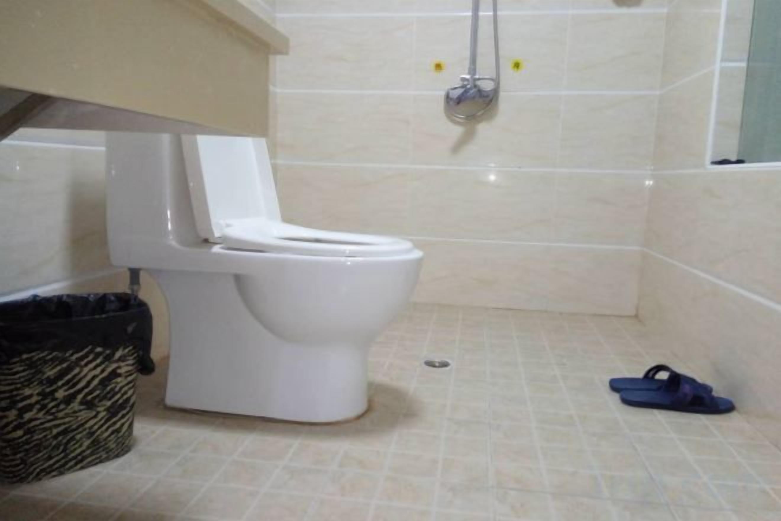 A bathroom with a toilet, a shower, and a tiled floor.