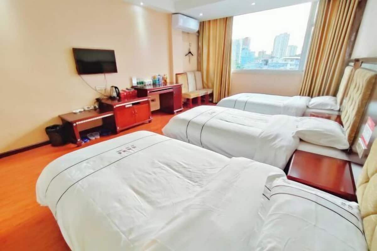 A hotel room with two beds, a desk, a TV, and a window with a city view.