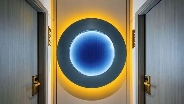 A hotel entrance with a circular light fixture in the center and doors labeled "B&B".