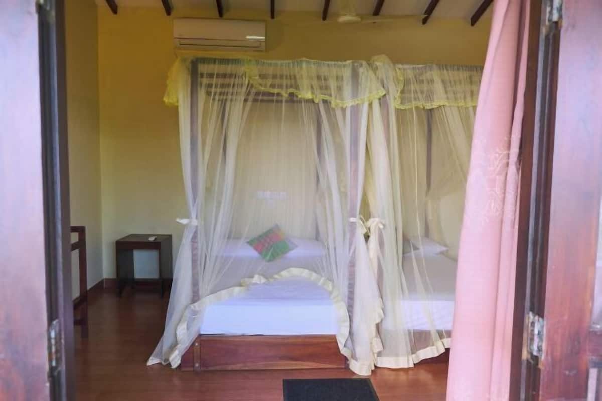 A room with a bed under a mosquito net, a small table, and a door.
