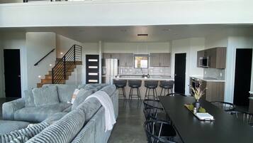 Smart TV, fireplace, table football, books