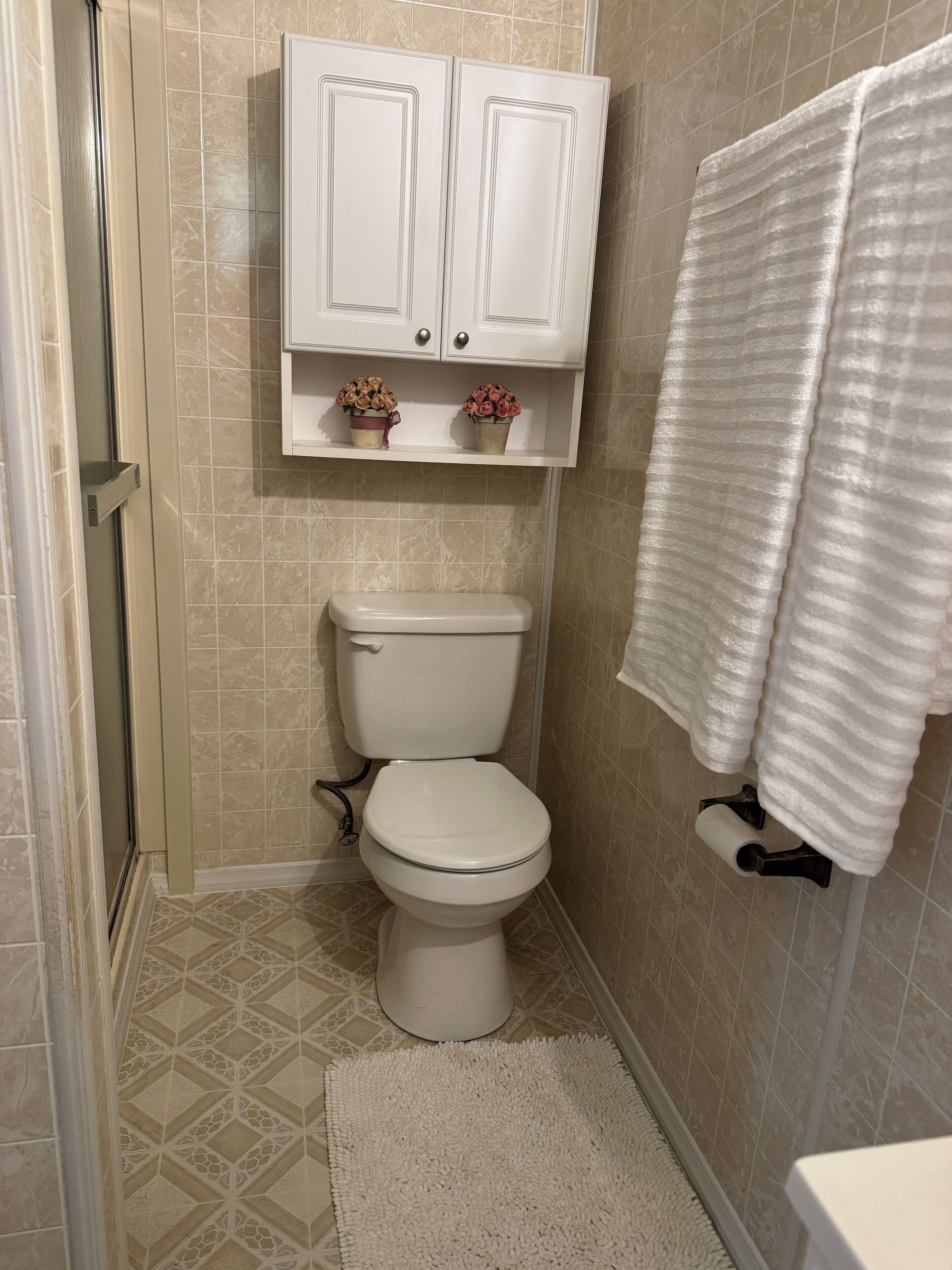 Une salle de bain équipée de toilettes, d’une douche et d’un porte-serviettes.