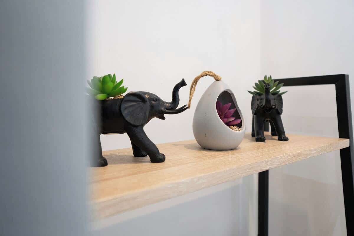 A shelf with a decorative elephant figurine, a hanging planter, and a small potted plant.