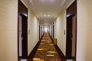 Un pasillo largo y estrecho en un hotel, con puertas a ambos lados y una alfombra estampada.