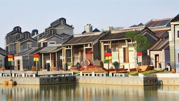 A row of traditional-style buildings with a reflective water body in front. - University Town International Hotel (Guangzhou)