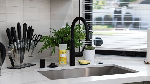A kitchen with a stainless steel sink, a knife block, a bottle of dish soap, a sponge, and a potted plant. - 2BR Midtown townhome - Walk to Golden 1 & Capitol (Sacramento)