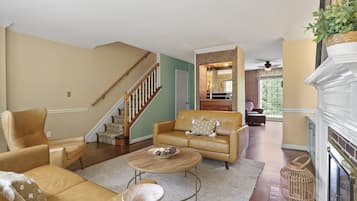Smart TV, fireplace, books, music library