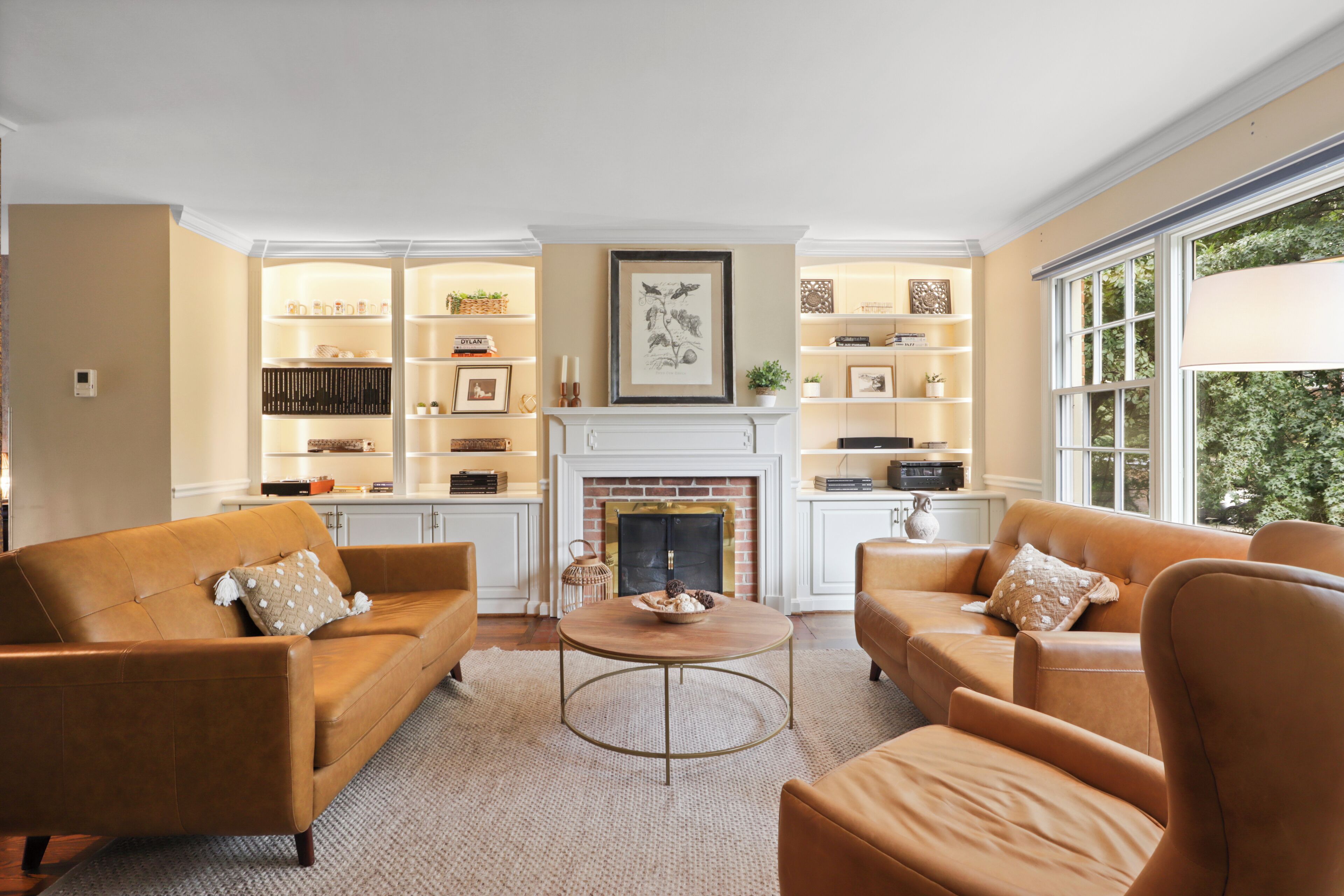 TV connectée, cheminée, livres, médiathèque