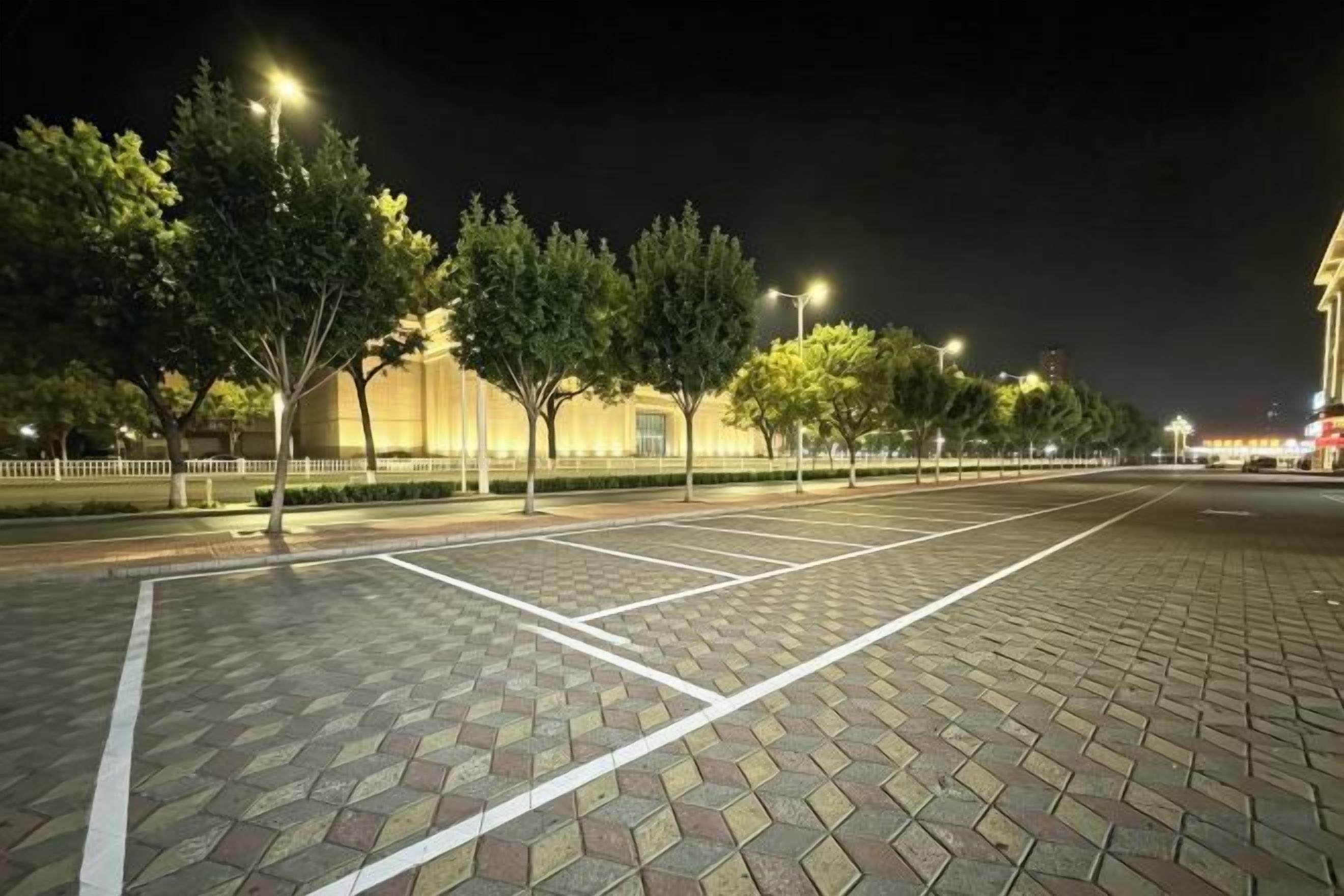 Ein Parkplatz bei Nacht mit Bäumen und Straßenlaternen.