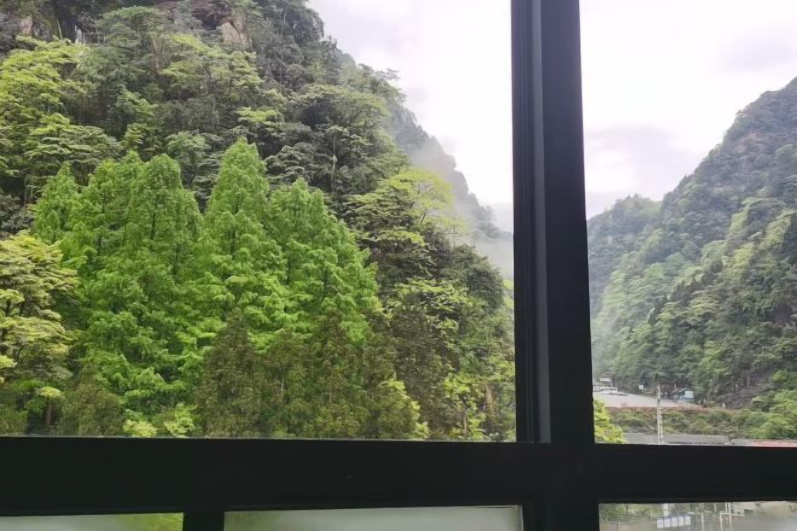 A view through a window of a lush, green mountainous landscape with dense vegetation and a road visible in the distance.