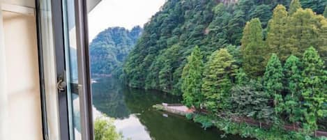 A river with dense greenery and trees on the banks, viewed from a window.
