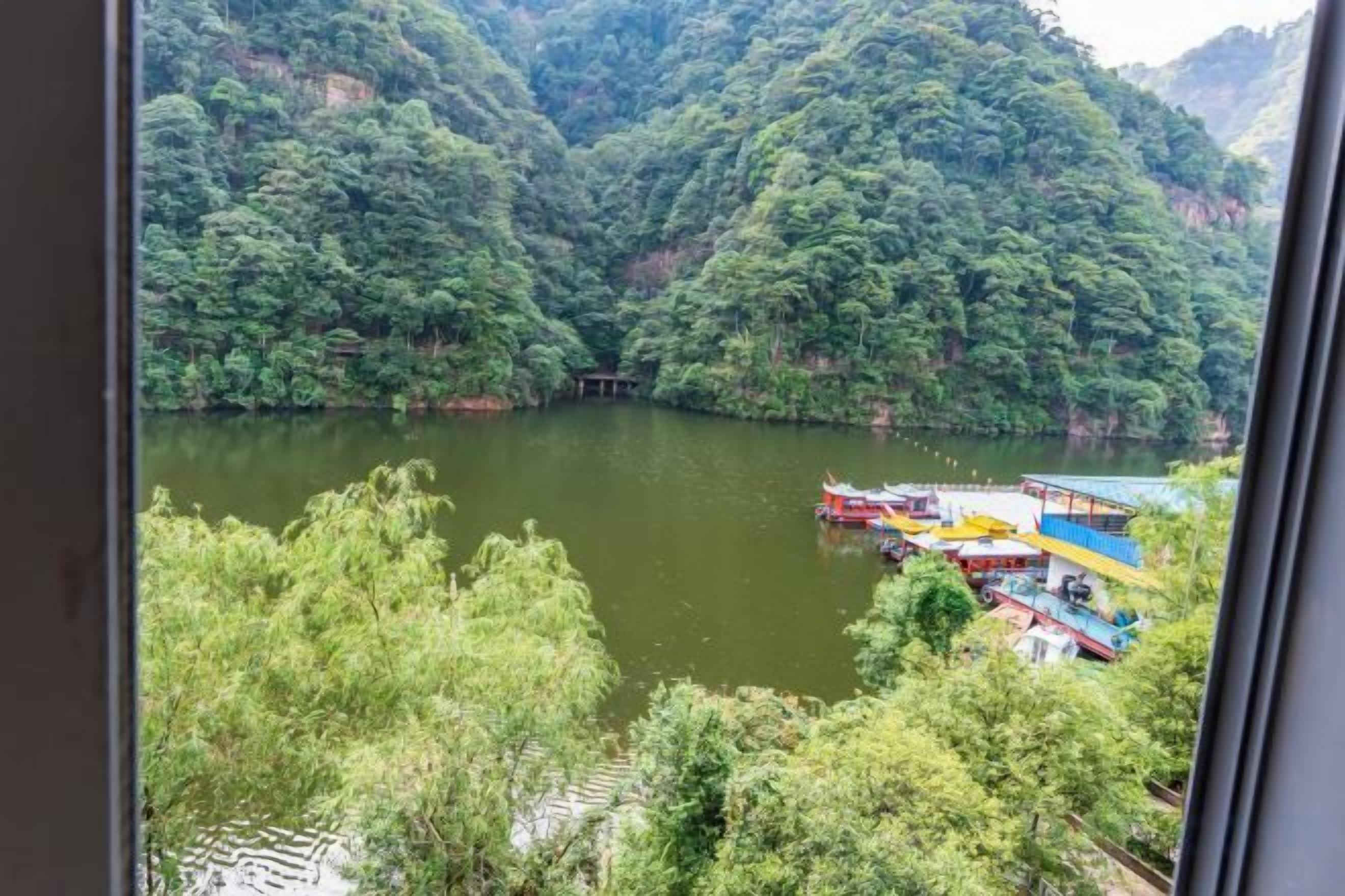Vista de un río con barcos y una zona boscosa.