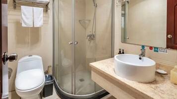 A bathroom with a glass-enclosed shower, a toilet, and a sink with a mirror above it.