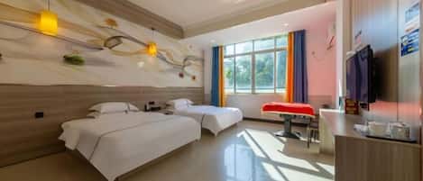 A hotel room with two beds, a desk, a TV, and a window with curtains.