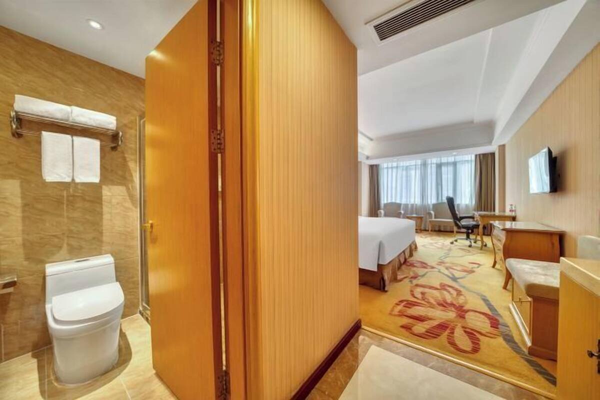 A hotel room with a shower, toilet, bed, desk, and TV.