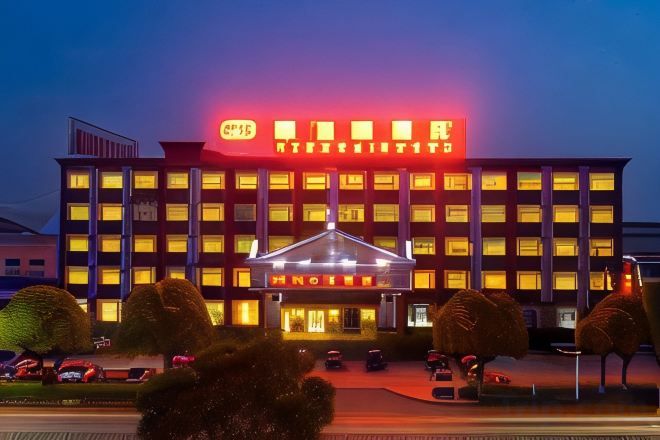 A hotel with a prominent neon sign, multiple floors, and a well-lit entrance.