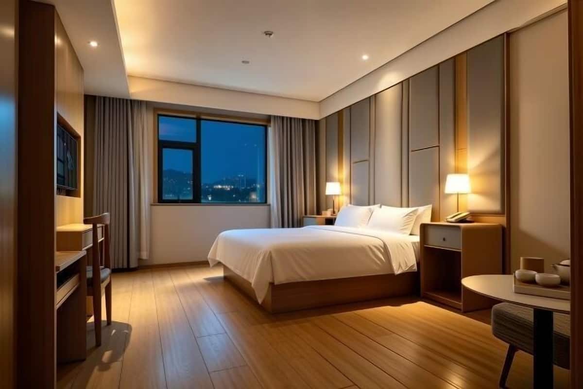 A hotel room with a large bed, bedside tables, a desk with a chair, a window with a view, and a nightstand with a lamp.