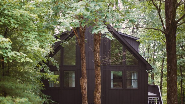 Une cabane en bois sombre, entourée d’arbres.