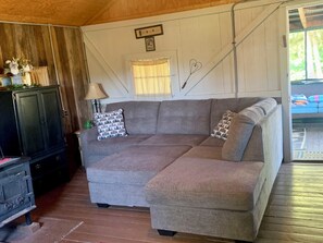 Smart TV, fireplace, books