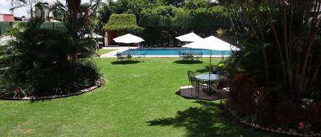 A well-maintained lawn with a swimming pool, surrounded by palm trees and shaded by umbrellas.