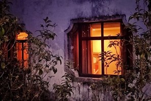 Janela com vista para um quarto, rodeado por vegetação.